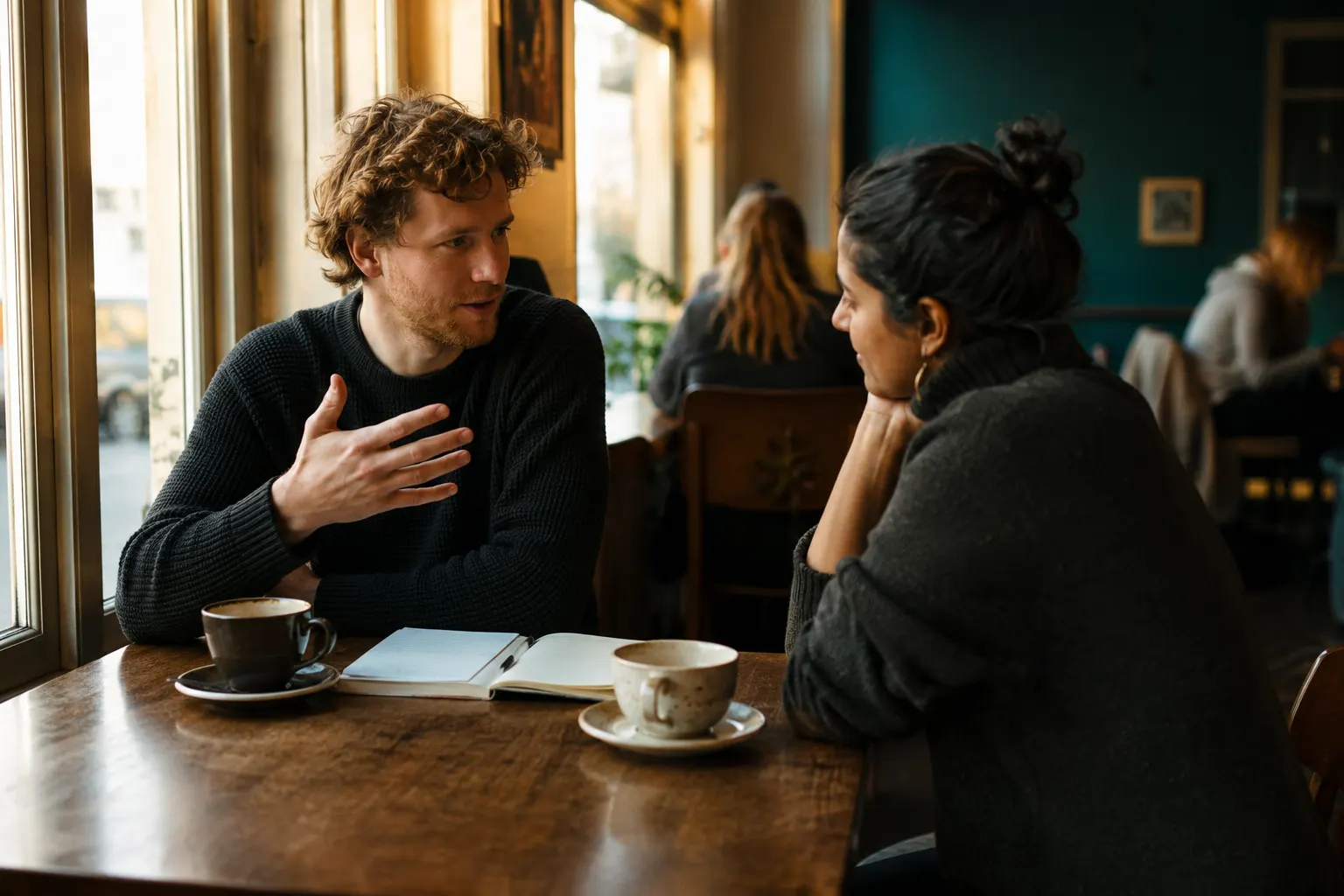 Two people talking at a café table by the window, with coffee and an open notebook.