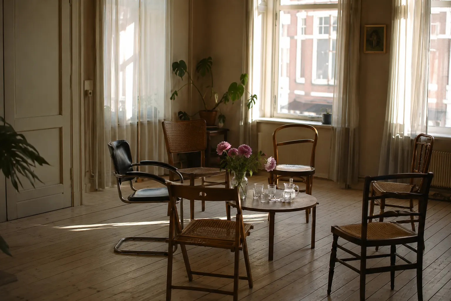 Een kring stoelen rond een tafel met bloemen in een lichte kamer, klaar voor een bijeenkomst.