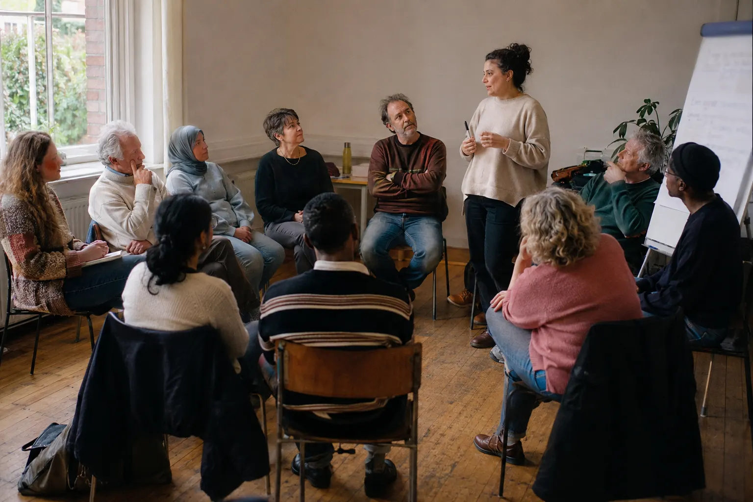 Deelnemers zitten in een kring tijdens een workshop; een vrouw staat en licht iets toe.